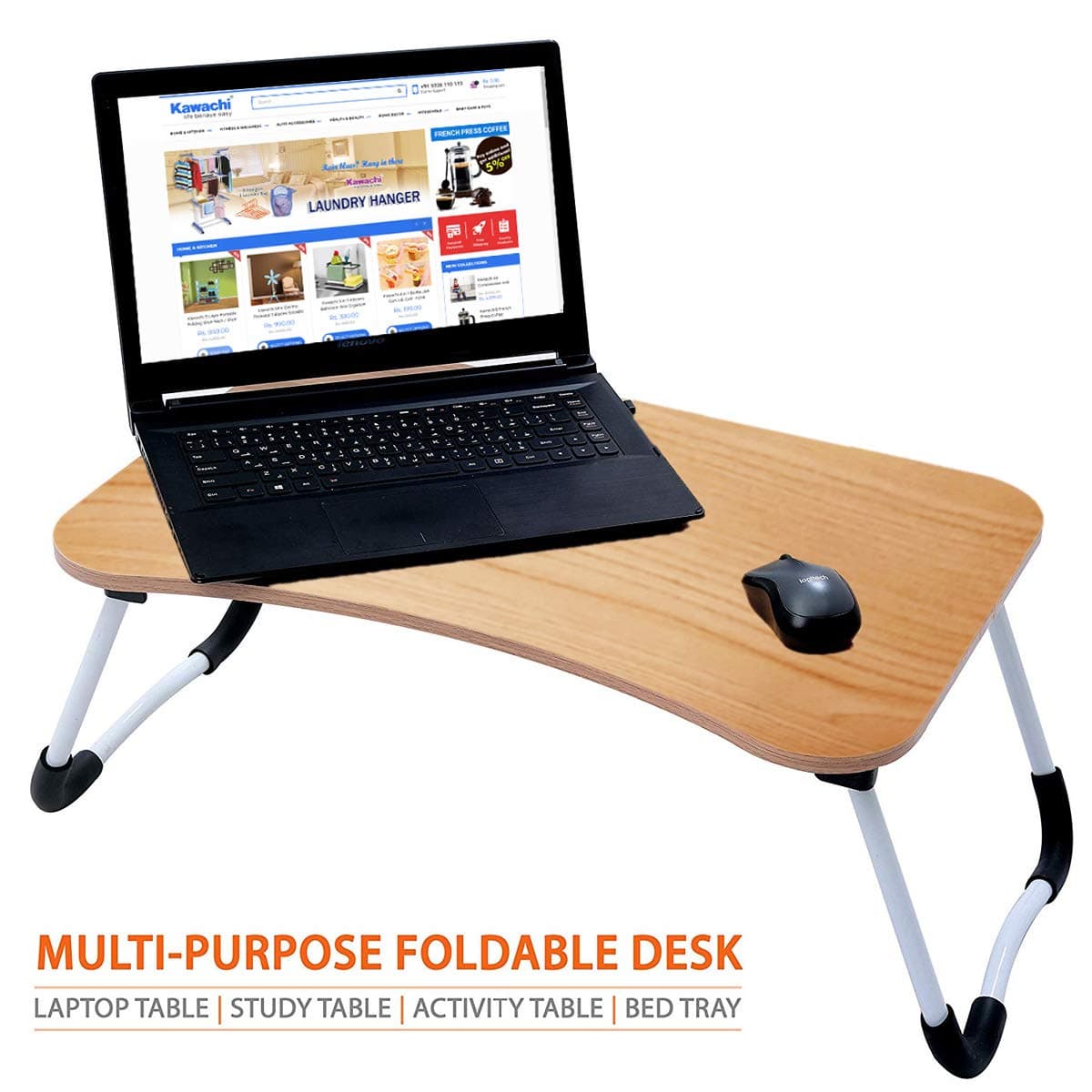 Kawachi Multi-Purpose Mini Wooden Foldable Laptop, Study Table with Rounded Edges (Brown)