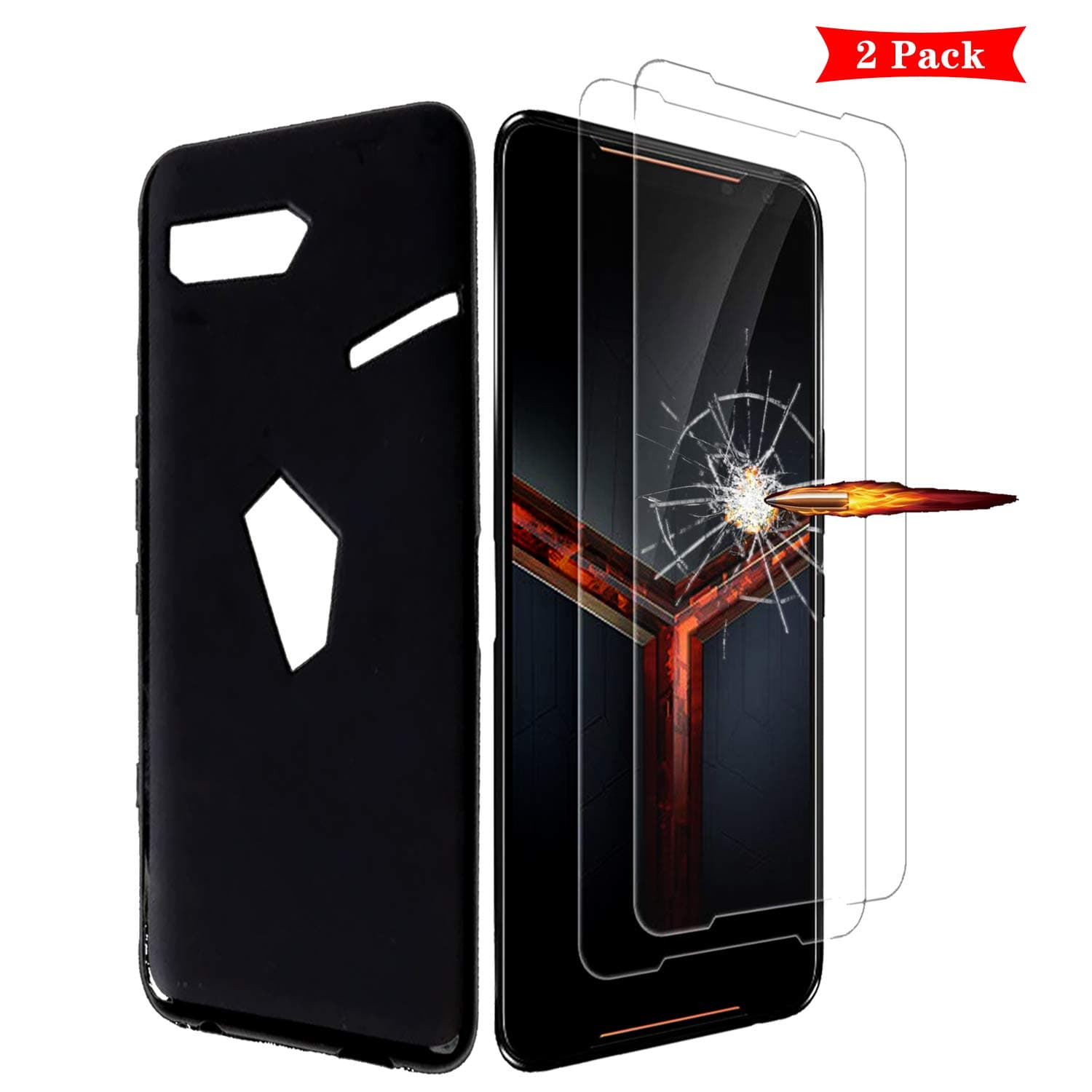 MISIDE Case for Asus ROG Phone 2 Case,with Asus ROG Phone 2 ZS660KL Screen Protector.[3 in 1] [Scratch Resistant] Slim Fashion Soft TPU Shockproof Case + 9H Tempered Glass Screen Protector (Black)