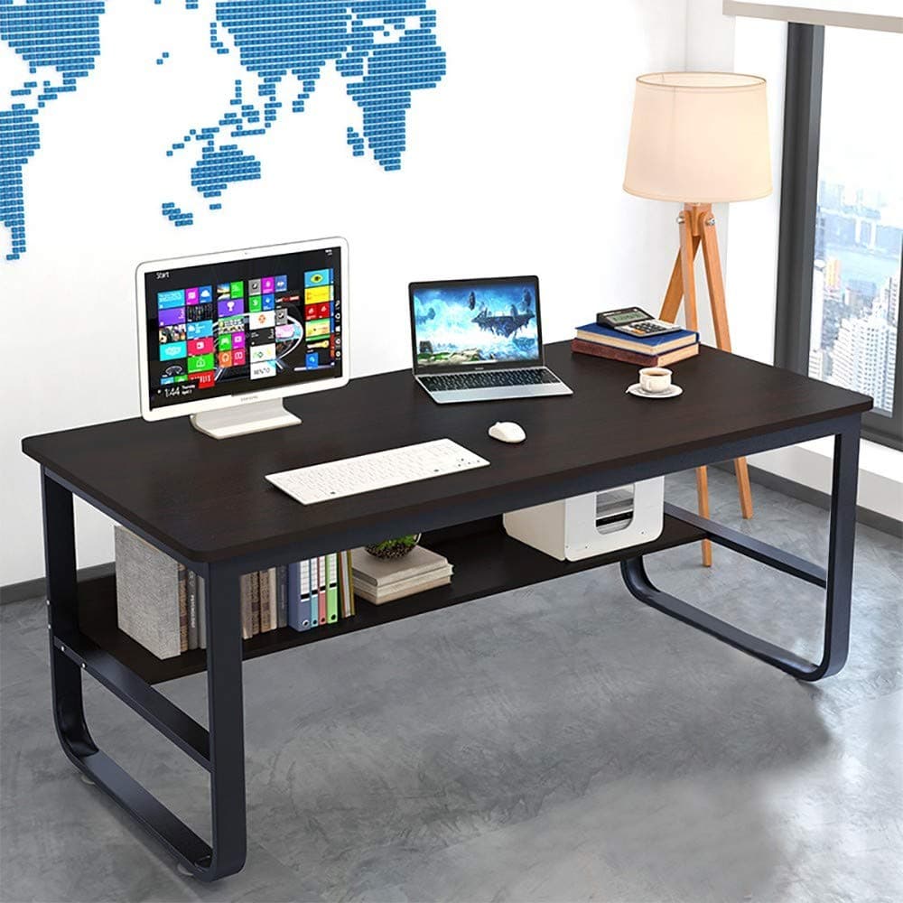 US Fast Shipment 55''Modern Computer Desk Computer Gaming Table with Storage Bookshelf, Simple Home Office Desk Laptop PC Table for Writing Desk, Study Table, Dining Table, Conference Table (Black)