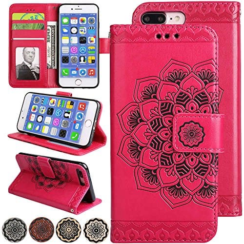 iPhone 8 Plus Folio Wallet Case, iPhone 7 Plus Magnetic Leather Cover, [Stand] 3D Relief Flower Flip Protective Cover with Memory Purse and Credit Card Holder for iPhone8 Plus / iPhone7 Plus (Red)