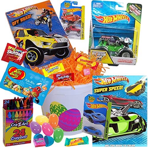 Monster Jam Easter Basket - Hot Wheels Easter Basket 21 Piece Kit, Includes Monster Jam Truck, Hot Wheels, Hot Wheels Coloring Books, Crayons, Easter Eggs, Easter Candy, and Orange Easter Grass