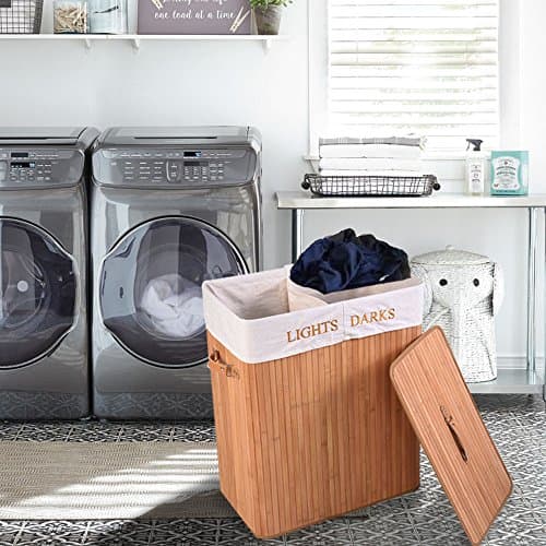 Indipartex Dual Compartment Laundry Bag Brown Rectangle Hamper Features 2 Containers That Are Ideal For Arranging Lights From Darks With Basket Cloth Storage Bag With Detachable Lid Made Bamboo