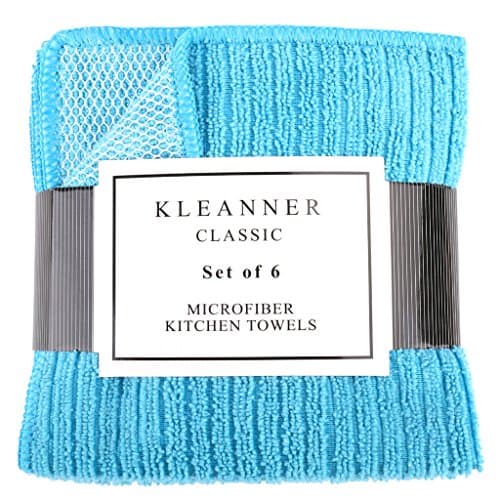 Kleanner Premium Microfiber Vertical Stripes Kitchen Dish Towel With Poly Scour Side,Double Side Scrubber Rags Cloth,Absorbent and Fast Dry, Size: 12"x12" (W X L), 6 Pack/Set - Blue