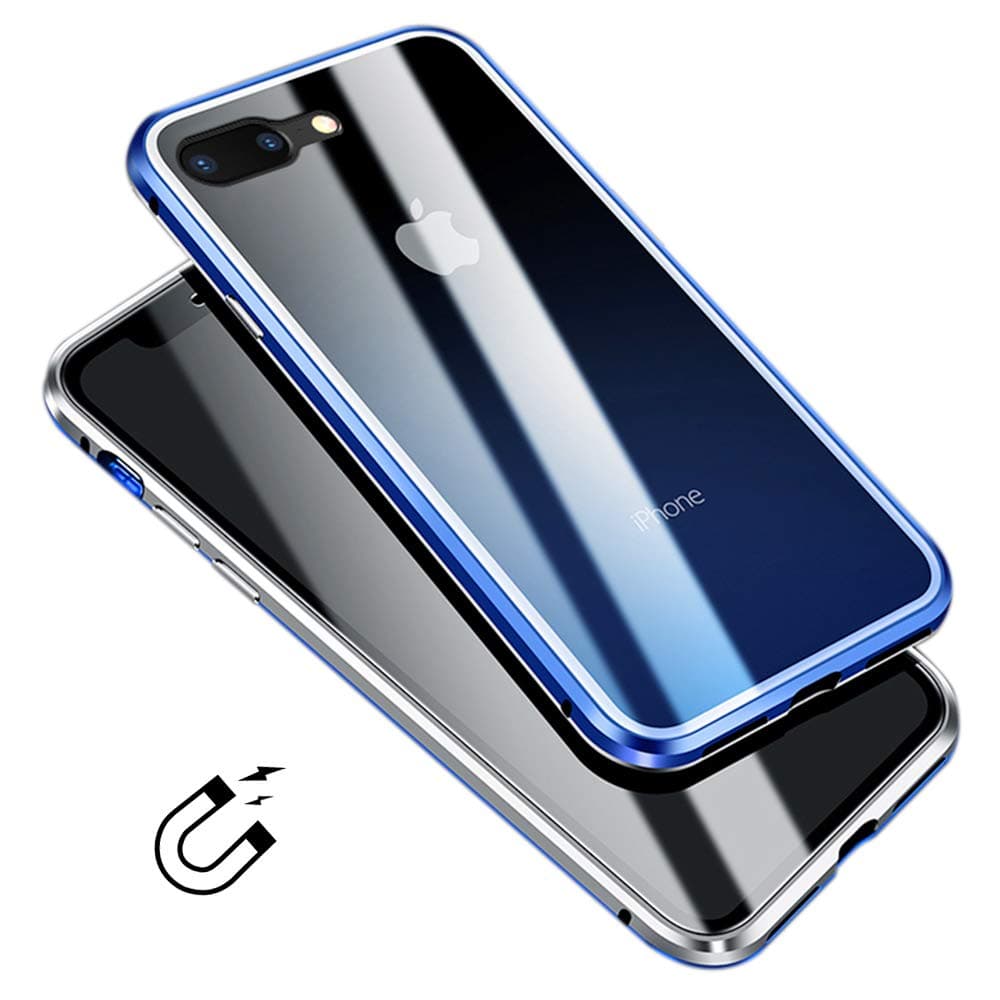 Glass iPhone 8 Plus Case,iPhone 7 Plus Case,LIGHTDESIRE Gradient Color Slim Bumper Magnetic Adsorption Aluminium Metal with Double Screen Protector Cover for iPhone 7 Plus/8 Plus (Ombre Blue)