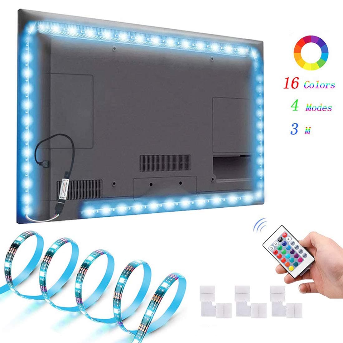 LED Strip Light,9.9ft USB LED TV Backlight Suitable for 40-60 inch TV,with 24 Key Remote Control,16 Changing Color 4 Lightning Modes,5050 LEDs Bias Lighting for HDTV