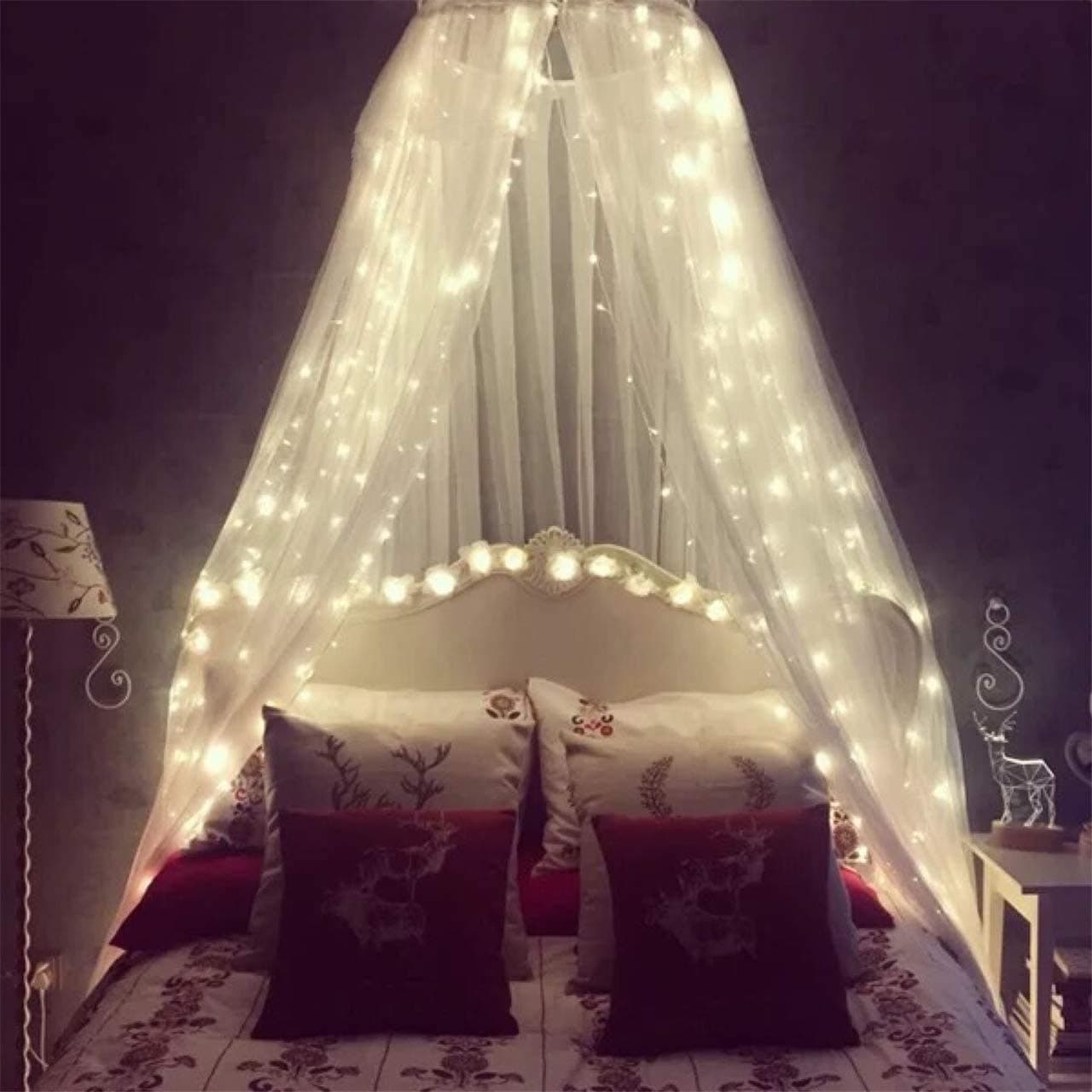 Mosquito Net for Bed, Bed Canopy with 100 led String Lights, Ultra Large Hanging Bed Curtain Netting for Baby, Kids, Girls or Adults. 1 Entry,for Single to King Size Beds, Camping, Patio (White)