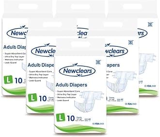 Newclears Adult Diapers with Tabs for Men Women Incontinence Care, Disposable Absorbent for Disability Postnatal Patient Bedridden Care, 10 Count/Pack, 6 Pack, L