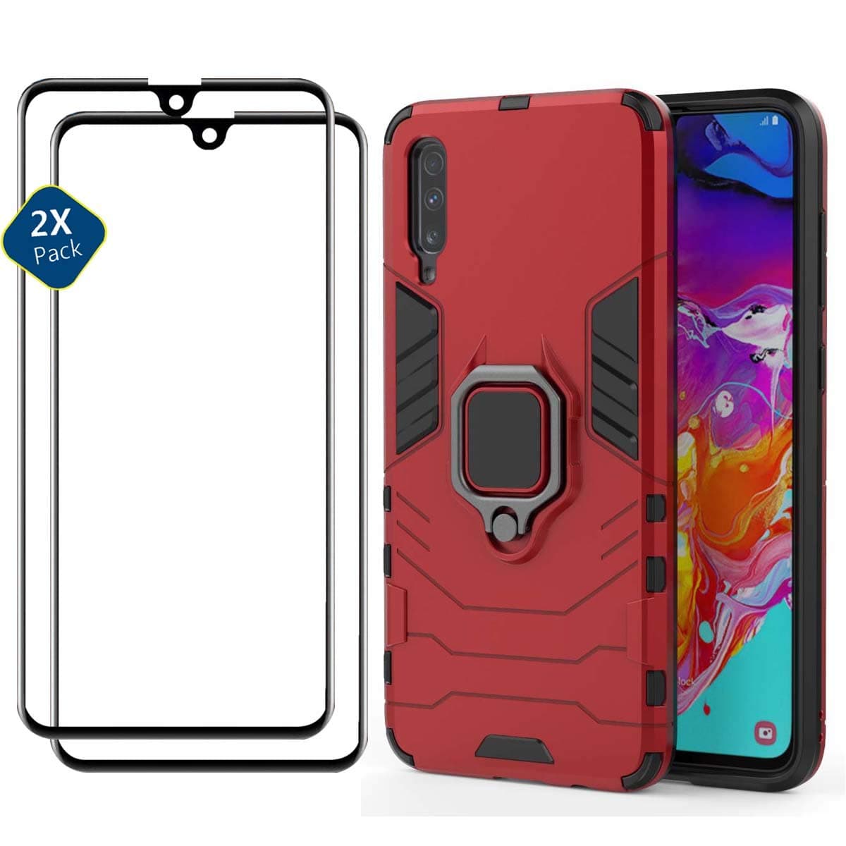 HUUH Case + 2 Pack Screen Protector Compatible with Huawei Y9s, TPU + PC double layer protection hidden bracket mobile phone case holster(red)