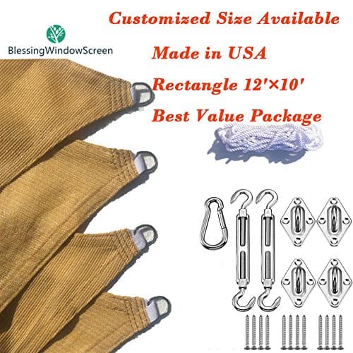Blessing Window Screen Rectangle 12' X 10' Sun Shade Sail with Stainless Steel Hardware Kit, UV Block Fabric Patio Shade Sail. Great Value Package (12' X 10')