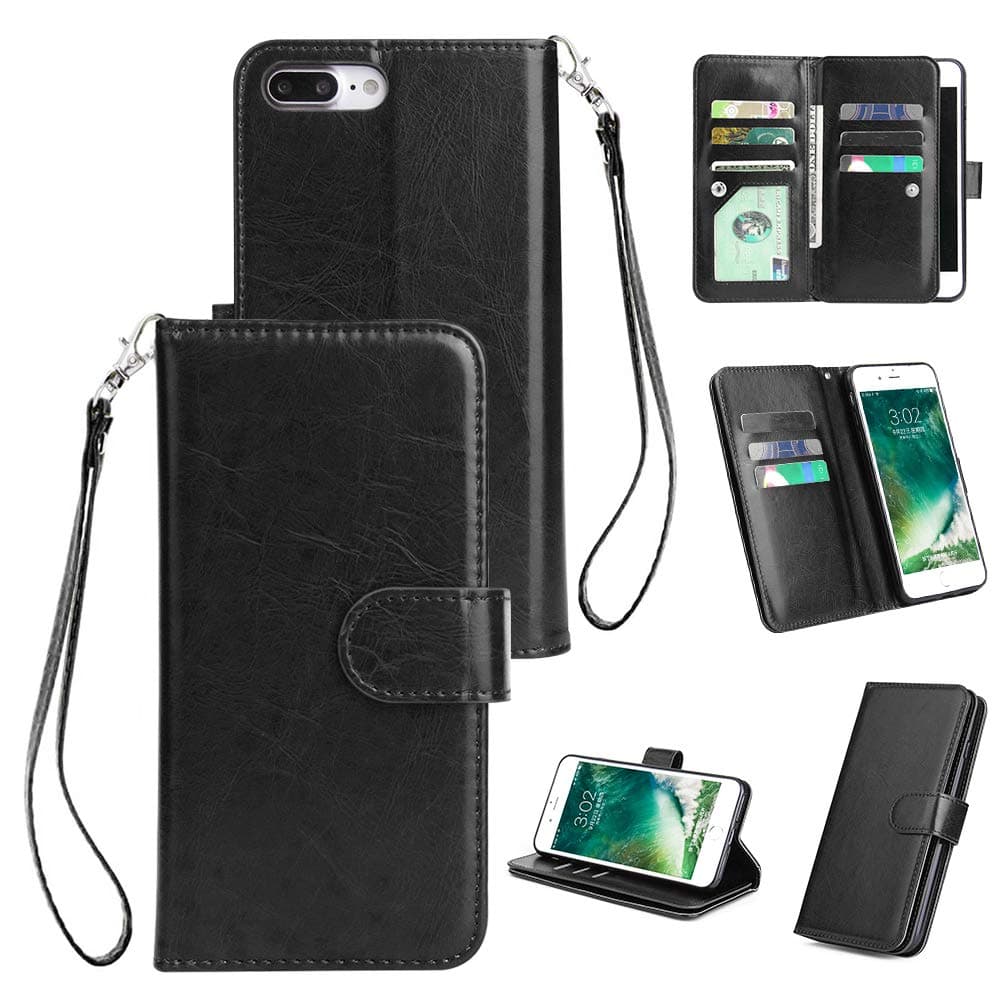 Leather Case for iPhone 8 Plus, iPhone 8 Plus Phone Case, 9 Card Holders Magnetic Closure PU Leather Flip Wallet for Girls Grey Folio Cover with ID Slot Cash Pocket Purse Stand Function