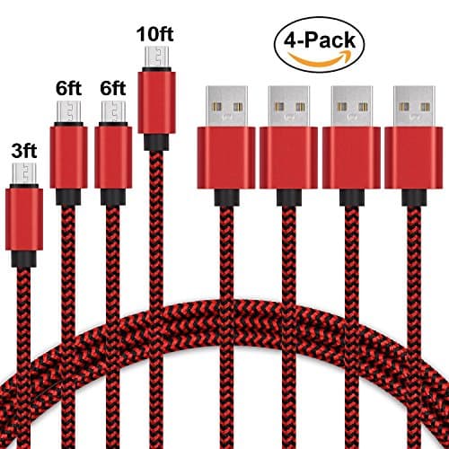Micro USB Cable, 4-Pack 3ft / 6ft / 6ft / 10ft Nylon Braided Android Charger USB to Micro USB Charging Cable for Android, Sumsung, Nexus, LG, Sony, Xbox, PS4 and More By Trippix (Red)