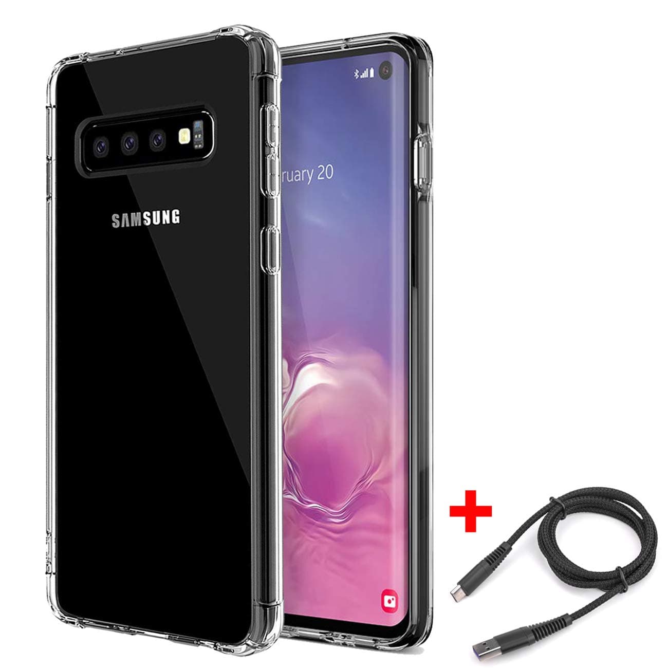 Kuool Compatible with Galaxy S10 Plus Case Clear,[Gift 5A USB Type C Cable 3FT] Anti-Scratch Shock Absorption Cover Case for Samsung Galaxy S10+ Clear