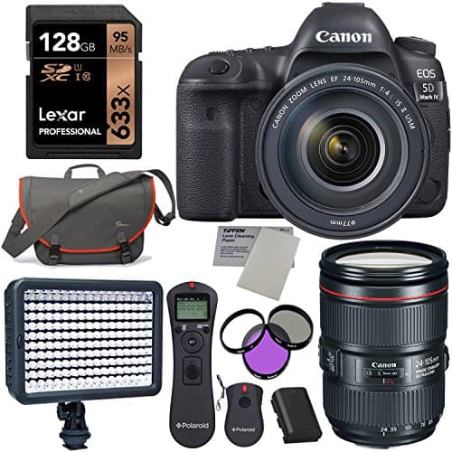 Canon EOS 5D Mark IV Full Frame Digital SLR Camera with EF 24-105mm f/4L IS II USM Lens Kit, Sandisk 128GB, Polaroid LED Light, Wireless Remote, Filter, Lowepro Camera Bag,Battery and Accessory Bundle