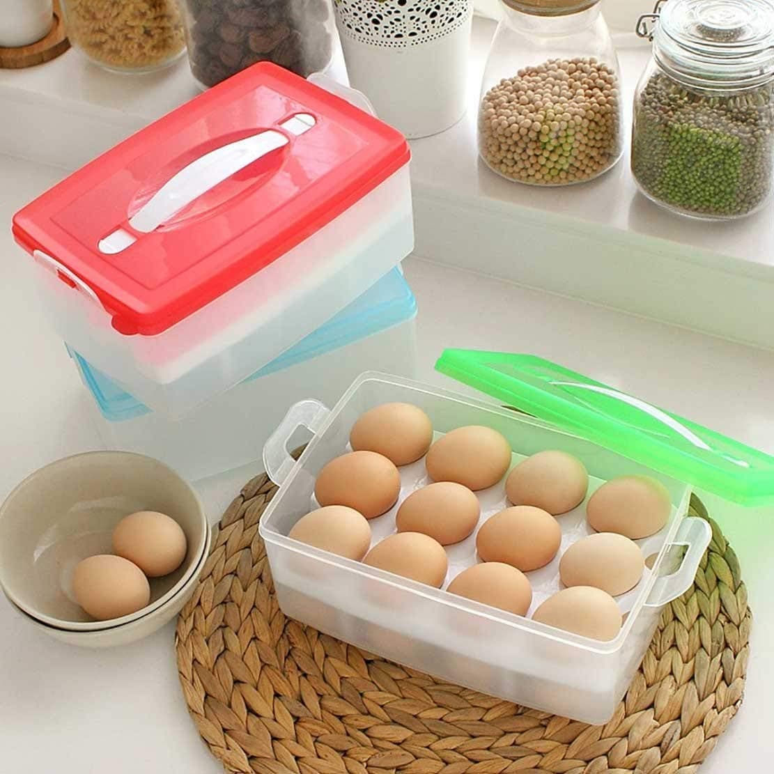 WIDEWINGS 2 Layer Refrigerator Egg Storage 24 Grid Egg Container Organizer Box Plastic Portable Airtight Outdoor Egg Storage Container with Carry Holder (Multicolor)