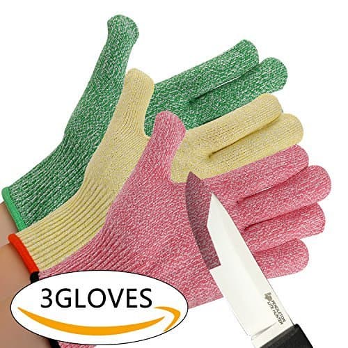 CHYDA 3 Pack Cut Resistant Gloves High Performance Level 5 Protection Food Grade Certified Kitchen and Work Safety Lightweight Breathable (Large, 3-Color)
