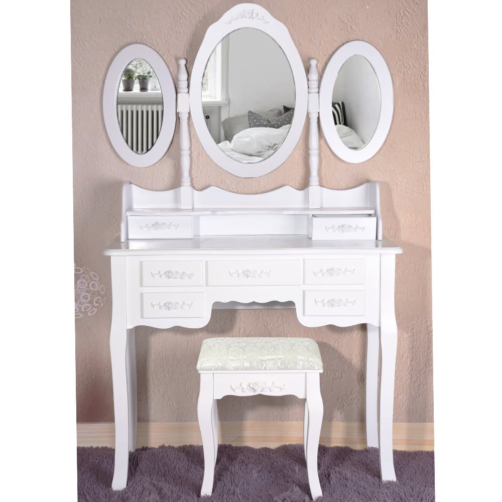 Xiaolong Luxuriou Dressing Table Set with Stool, 3 Panel Foldable Mirror and 7 Drawers Bedroom Furniture (White)