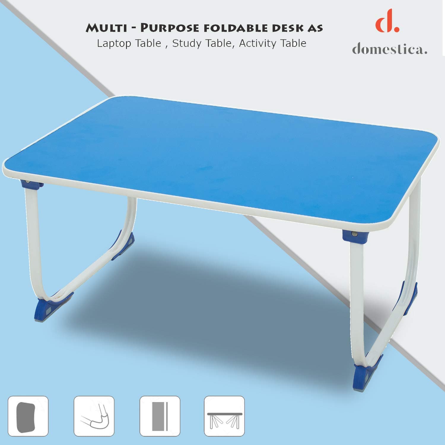Domestica Smart Multi-Purpose Laptop Table with Dock Stand/Study Table/Bed Table/Foldable and Portable/Ergonomic & Rounded Edges/Non-Slip Legs/Engineered Wood (Blue)