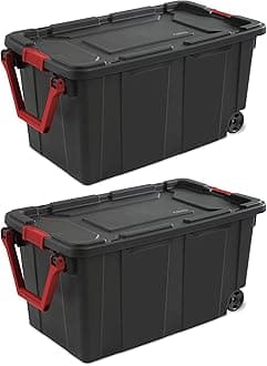 Sterilite40 Gal Wheeled Industrial Tote, Stackable Storage Bin with Latch Lid, Plastic Container with Heavy Duty Latches, Black Base and Lid, 2-Pack