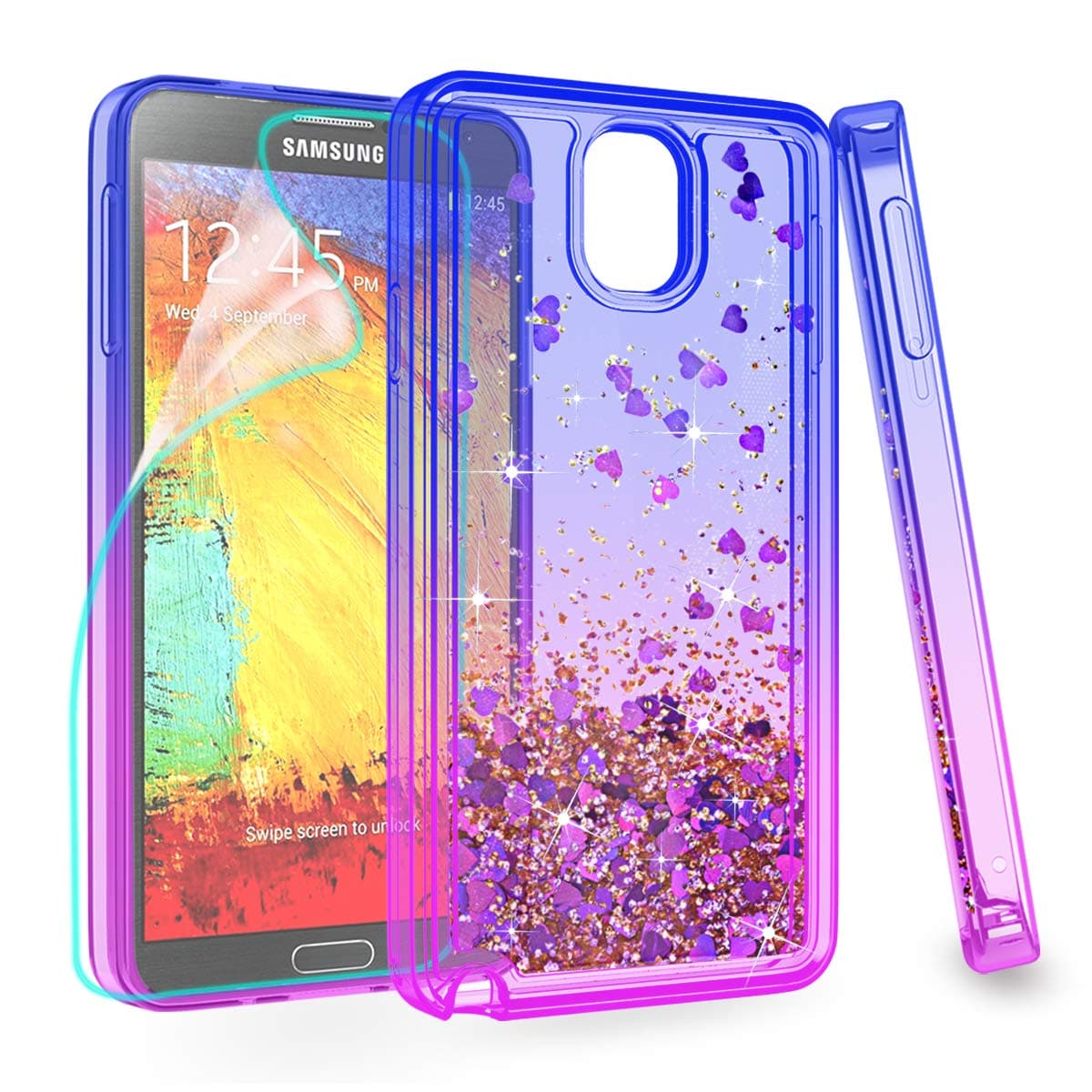 Zingcon Compatible for Samsung Galaxy Note 3 Phone Case,with HD Screen Protector,Shockproof Hybrid Hard PC Soft TPU Glitter Quicksand Adorable Shine Protective Cover-Blue/Purple
