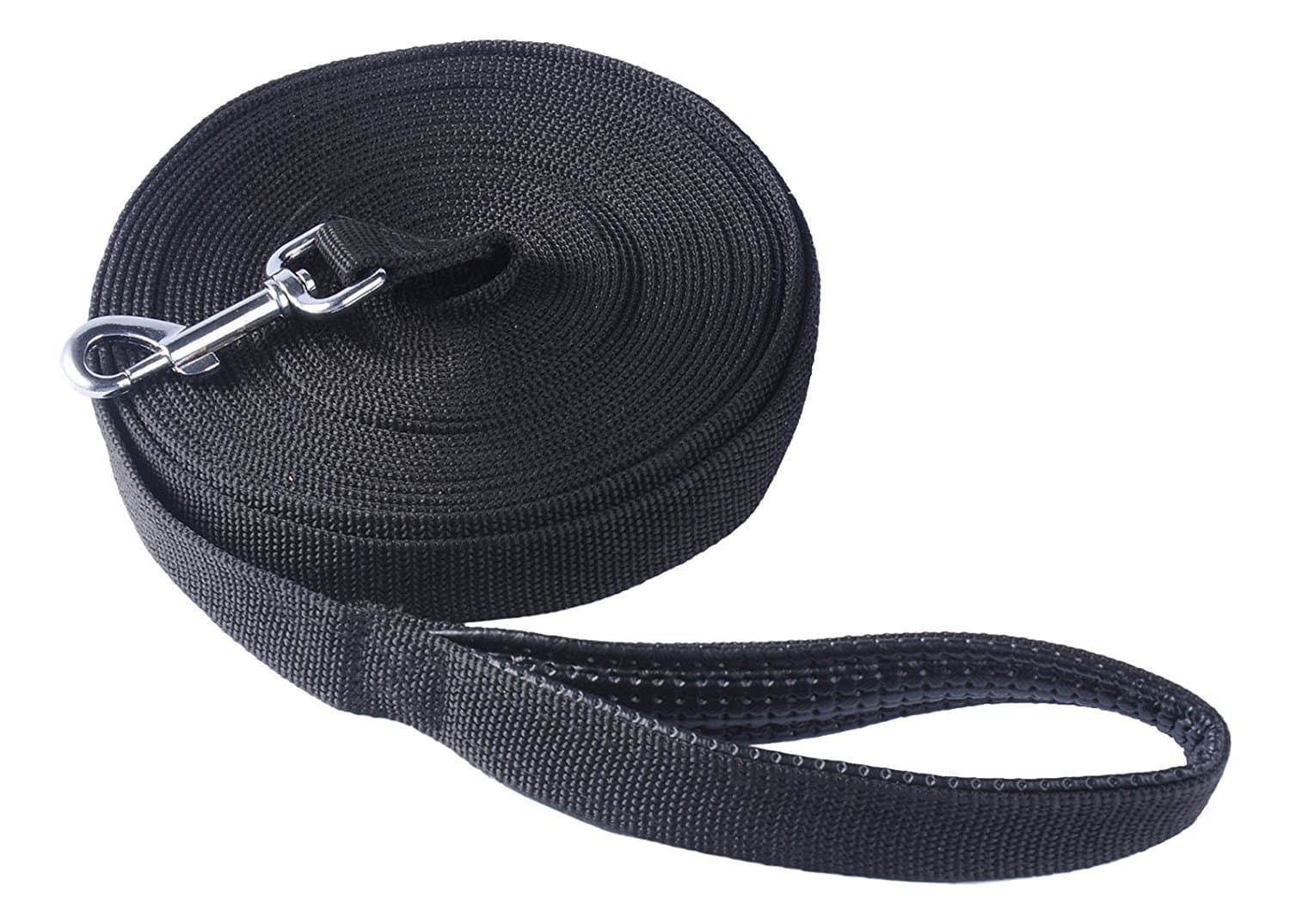 Pofomede Multiple Use Nylon Training Lead Long 33ft Dog Leash with Leather Padded Handle for Large Medium Dog Training Walking, Adjustable Nylon Dog Collar with Safe Buckle (Black)