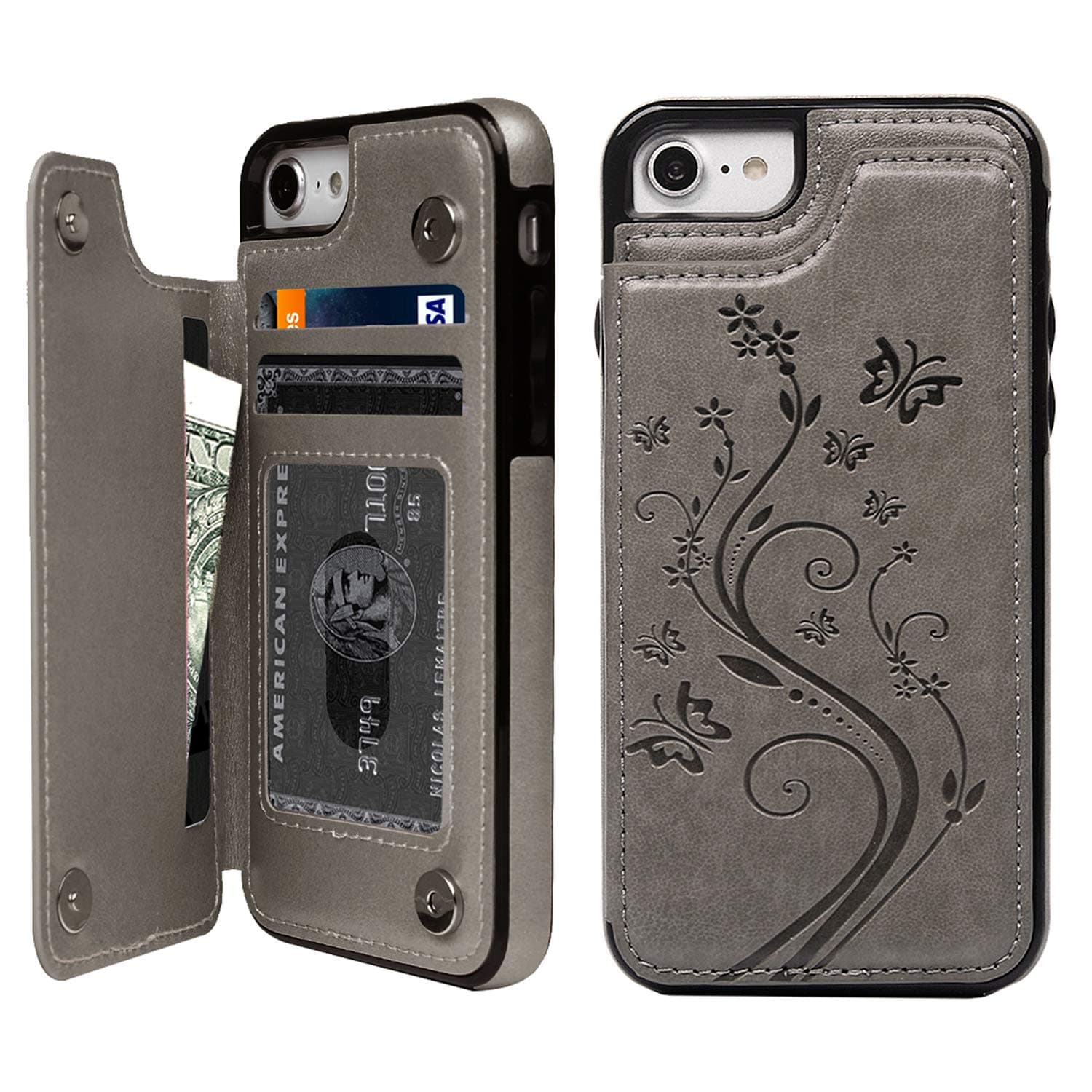 SUPWALL Compatible with iPhone 7 Card Holder Case, iPhone 8 Wallet Case Embossed Butterfly Slim Folio Leather Cover Shockproof Shell with Credit Card Slot Protective Skin for iPhone 7 & 8,Gray