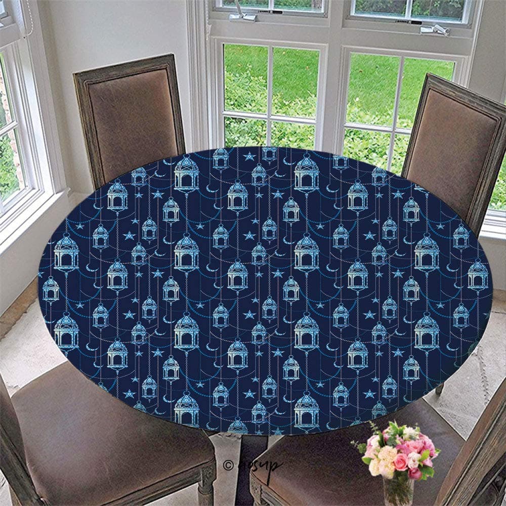 Homenon Elastic Edged Round Tablecloth Ramadan Background Polyester Washable Table Cover Kitchen Restaurant Party Decoration, Round