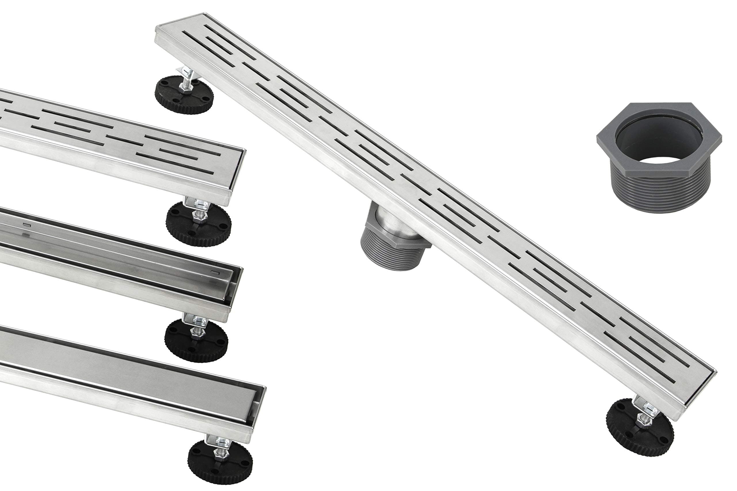 Shower Linear Drain 28 Inch – Stripe Pattern Grate – Brushed 304 Stainless Steel – Bonus 2 IN 1 Reversible Tile Insert & Flat Grate and Threaded Adaptor – Adjustable Leveling Feet (28 Inch)