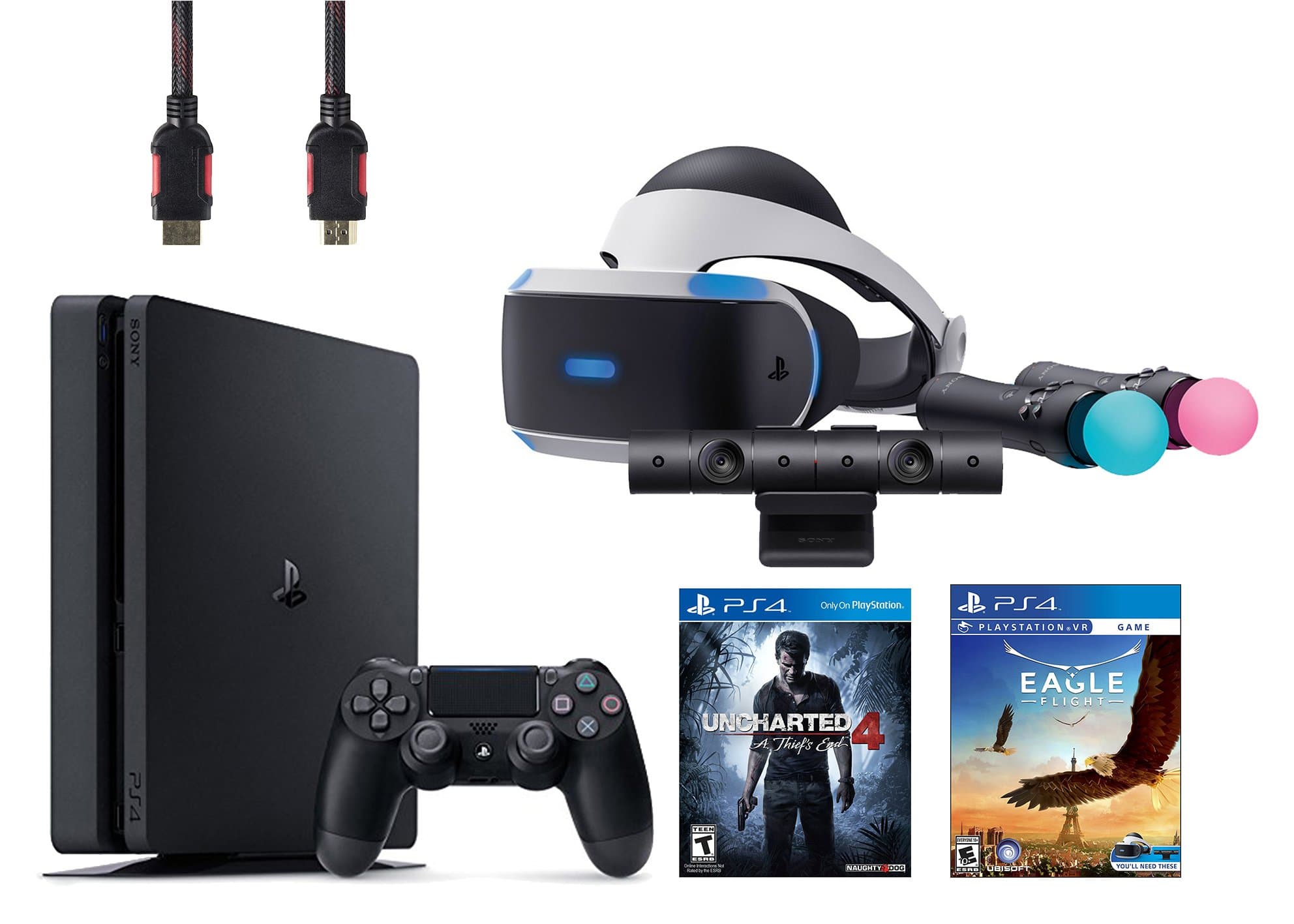 PlayStation VR Start Bundle 5 Items:VR Headset,Move Controller,PlayStation Camera Motion Sensor,PlayStation 4 Slim 500GB Console - Uncharted 4,VR Game Disc Eagle Flight