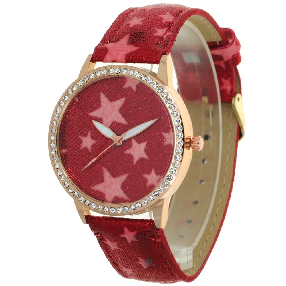 Stars Pattern Printed No Hour Pointers Dial and Straps Lady Watches 12 Edges and Corners Convex Prism Crystal Gold Case Women Japan Quartz Analog Stylish Casual Dress Wristwatch Girls Gifts
