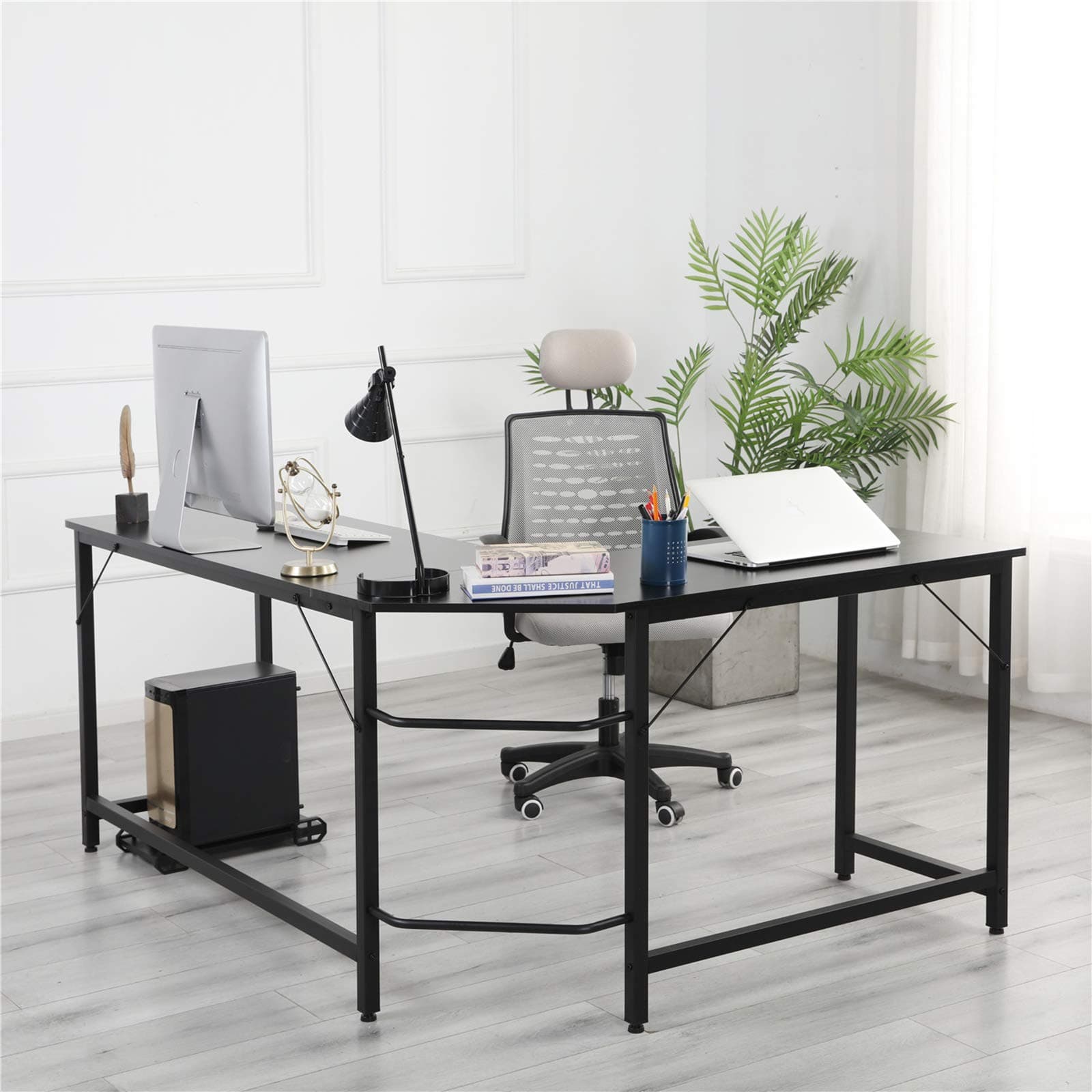 Yekong L-Shaped Computer Desk with CPU Bracket, Gaming Computer Corner Desk Pc Studio Table Workstation for Home Office - Black