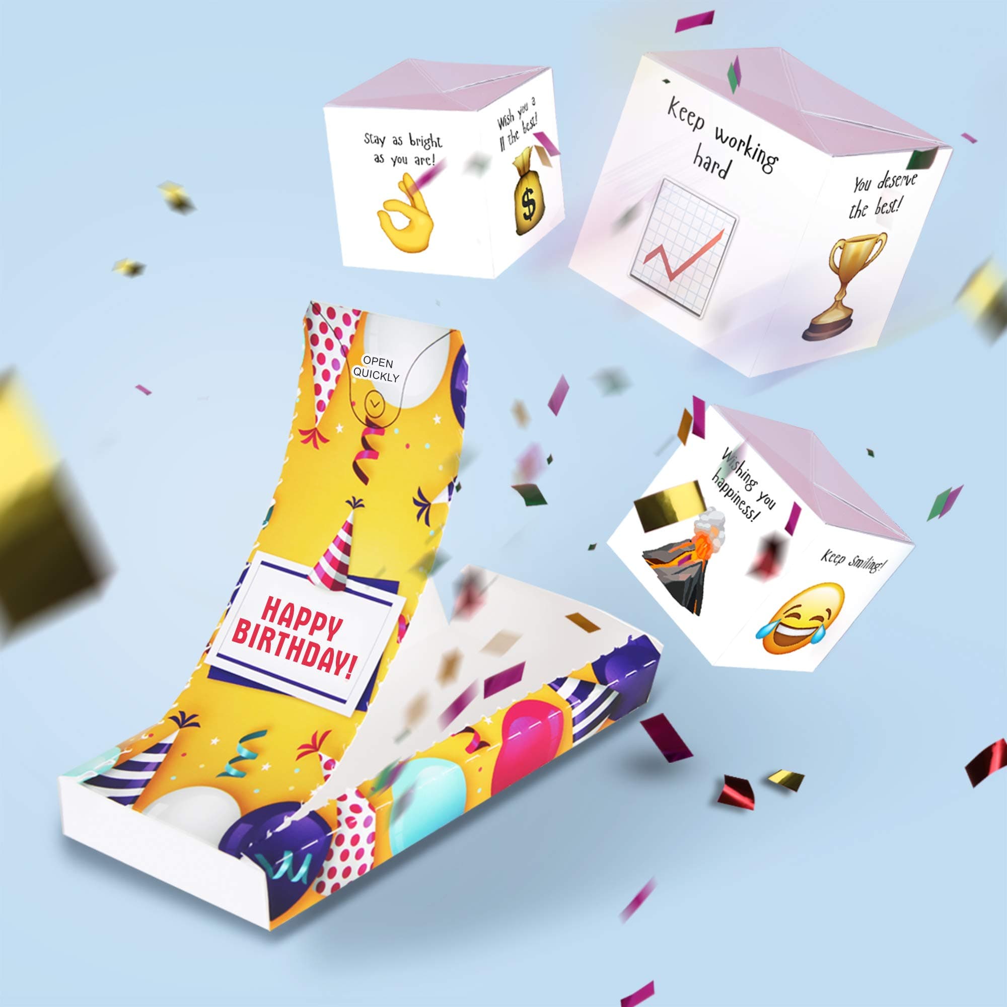 «Boom» Exploding Cards Birthday with Confetti - Greeting Card Exploding Birthday Box - Birthday Gifts for Her or Him, Women and Men, Dad or Mum - Glitter Bomb Card Happy Birthday 3 Cubes