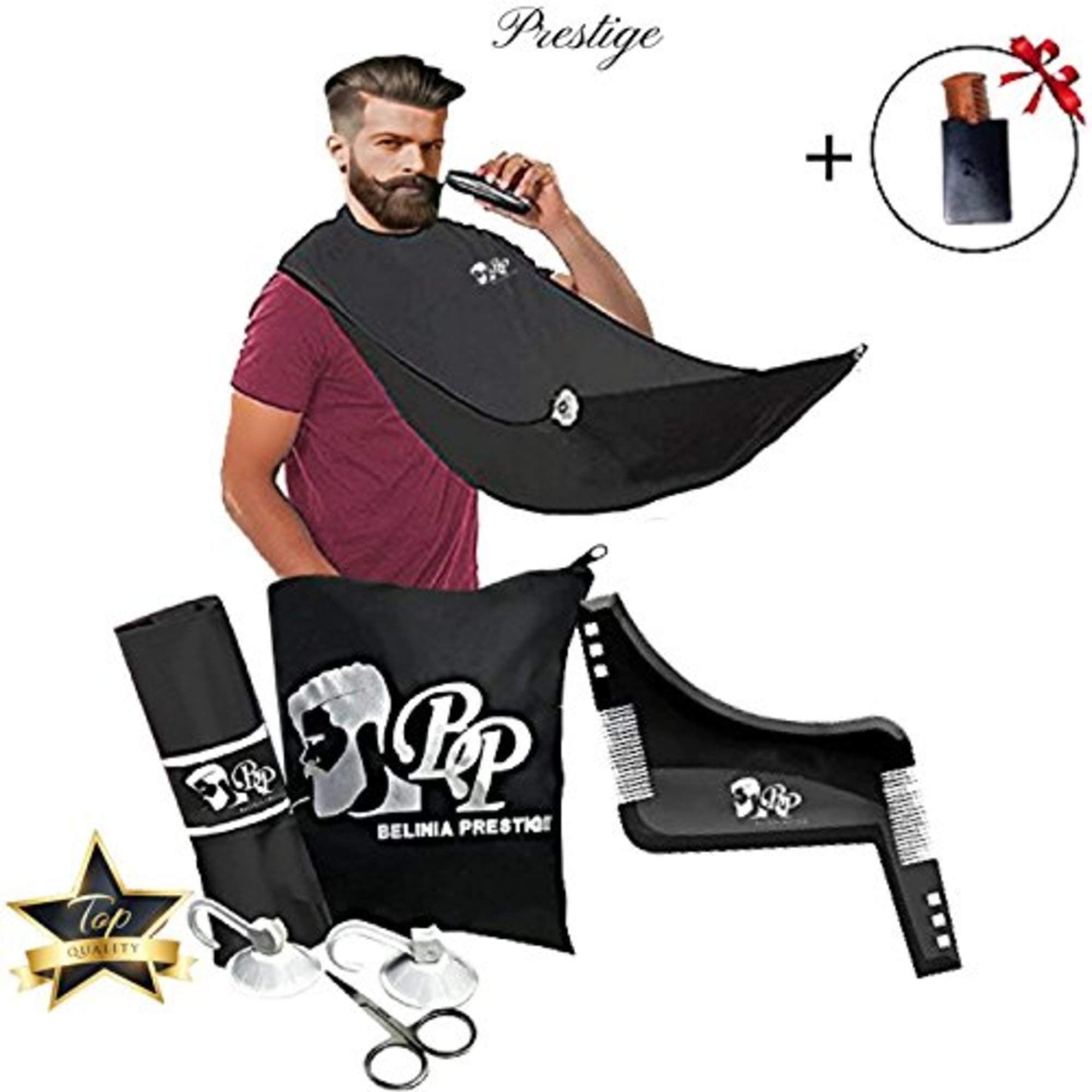 Beard kit - Complete Beard Care kit and its Box, Beard Apron + 1 Symmetrical Comb + 1 Pair of Scissors and a Double Sandalwood Comb (Black)