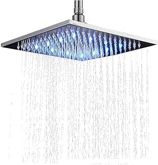 Saeuwtowy 10 Inch LED Square Rain Shower Head Rainfall Stainless Steel Shower Head Bathroom Bath Shower Over-Head Shower Spray with Silicone Nozzle Brushed Nickel Finish