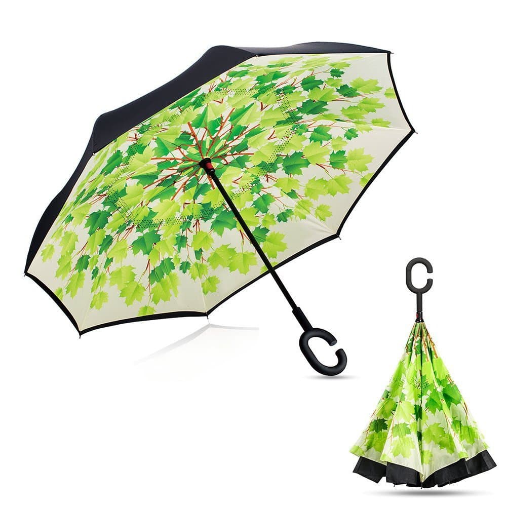 Creative Inverted Umbrella, Double Layer Windproof Anti-UV Sun and Rain Umbrellas with Hands Free Handle, Perfect Business, Birthday, Christmas Gifts (Green Tree)