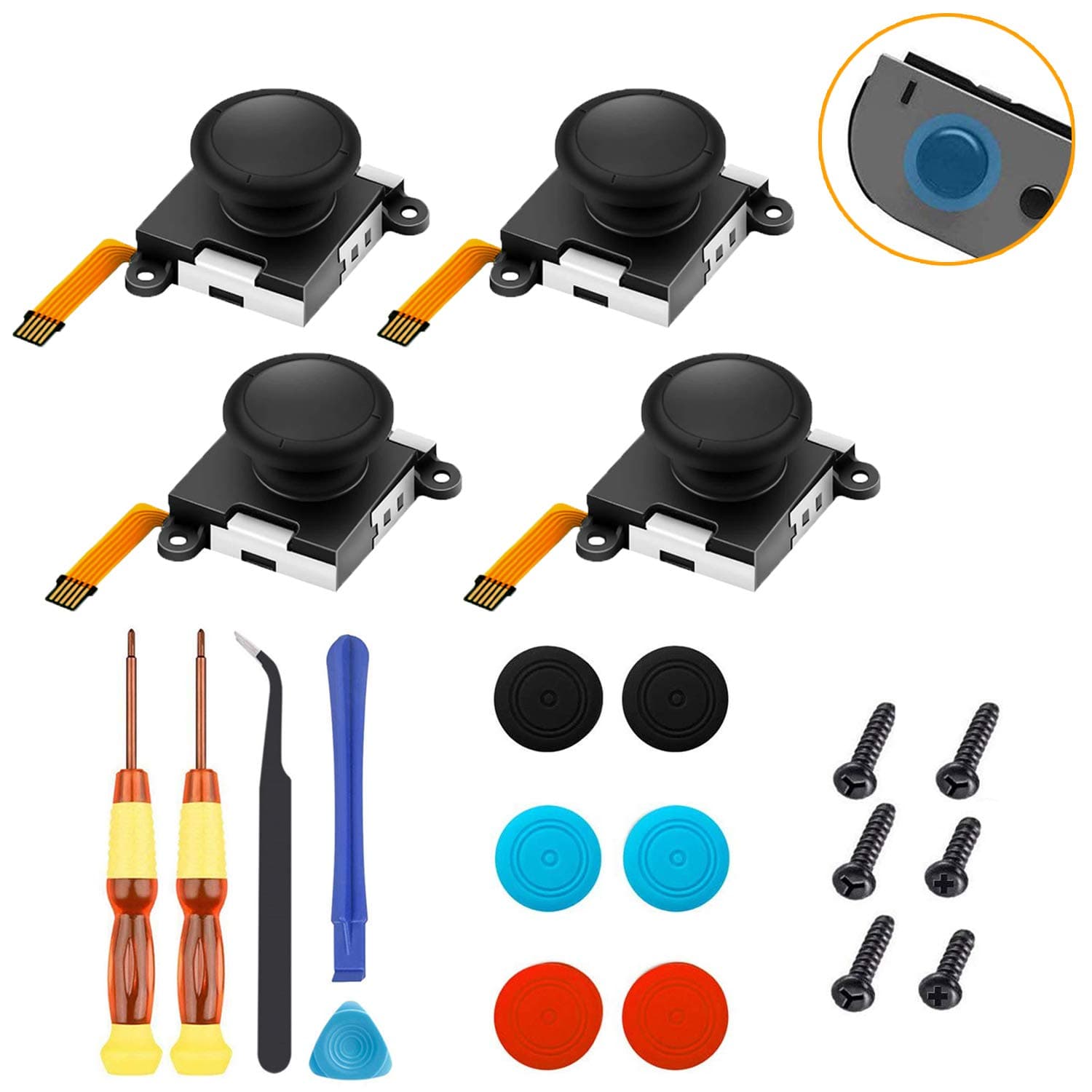 [New Version] Joycon Joystick Replacement (4 Pack) 3D Joystick Analog Left/Right Thumb Sticks Sensor Parts for Nintendo Switch Joy Con Controller, Full Repair Tool Set（23 in 1）