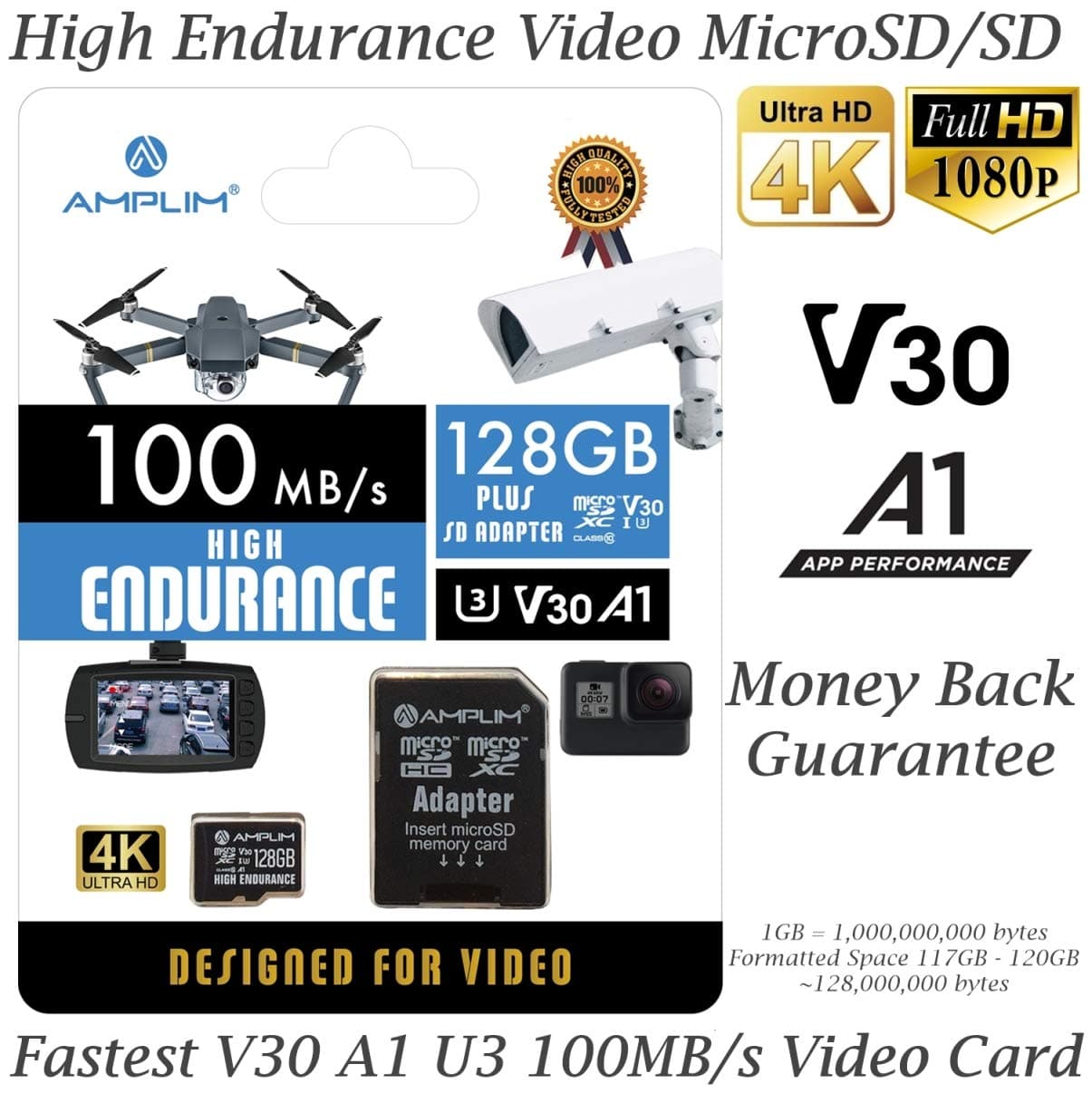 Amplim 128GB Micro SD Card, MicroSD Memory Plus Adapter, Extreme High Speed MicroSDXC SDXC U3 Class 10 V30 UHS-I TF Nintendo-Switch, Go Pro Hero, Surface, Phone Galaxy, Camera Security Cam, Tablet