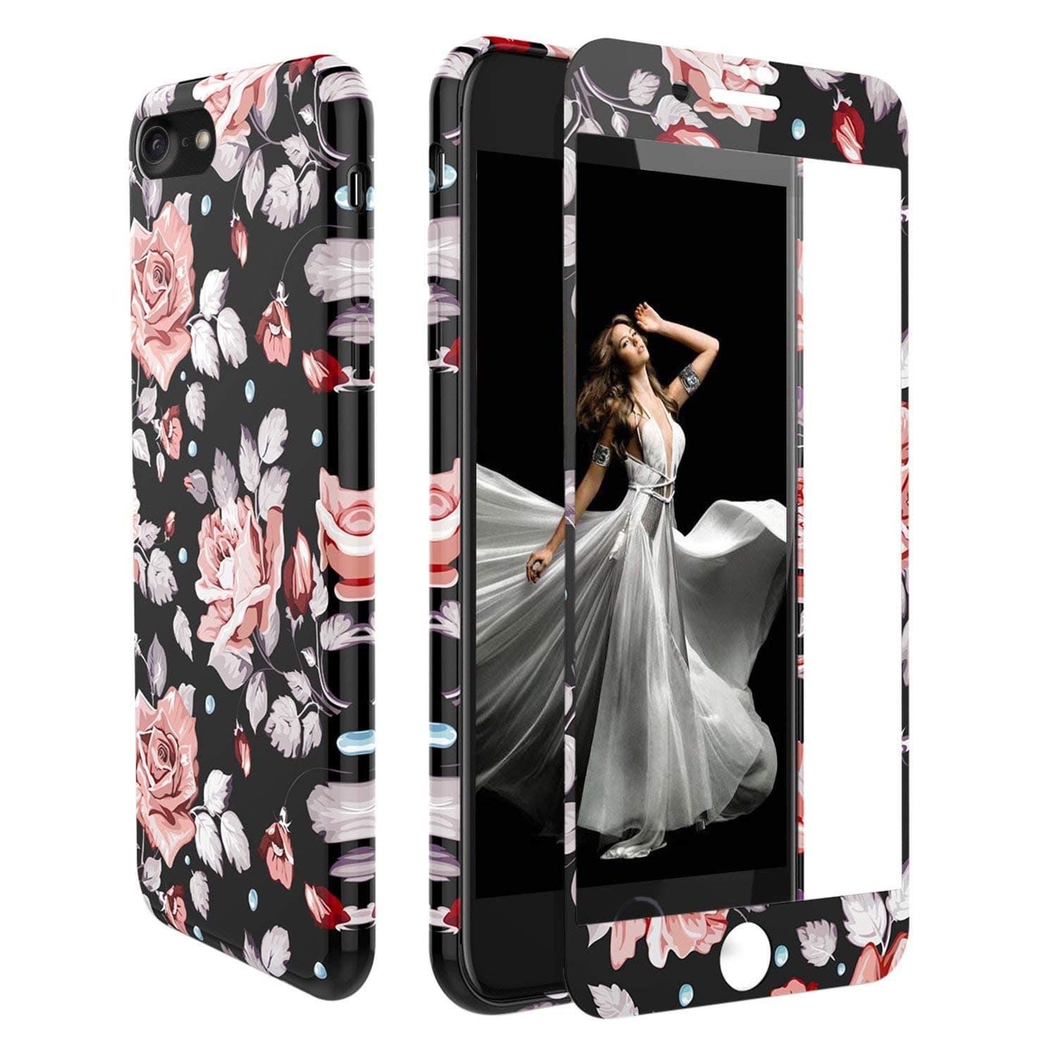 iPhone 8 Case and Screen Protector Floral, iPhone 7 Case Shockproof 360, Wafly Silicone TPU Protective Cover with [9H Tempered Glass Screen Protector] Flower Pattern Bumper for iPhone 7/8 4.7''-Rose