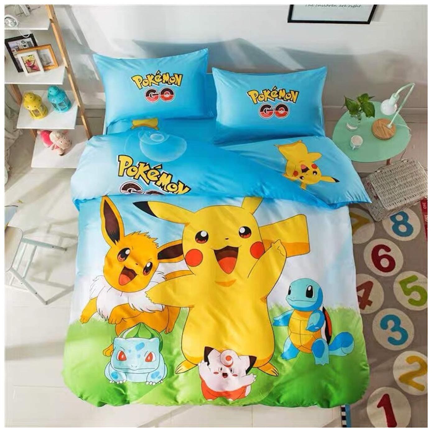 Featuring Pikachu Bedding Sheet Set Single Queen Twin Full Size 【Free Express Shipping】 【100% Cotton】 Bulbasaur Squirtle Celfairy Eevee 3 and 4 Pieces Bed Sheets (Queen Size with Fitted Sheet)