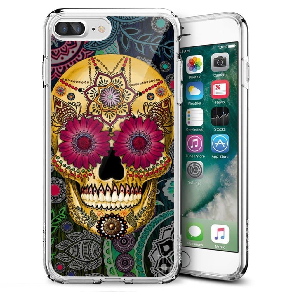 iPhone 7 Plus/iPhone 8 Plus Case, Sangkoo Gold Evil Sugar Skull Flowers Girl Art Pattern Design Soft TPU-Clear Case for iPhone 7 Plus(2016) & iPhone 8 Plus(2017)