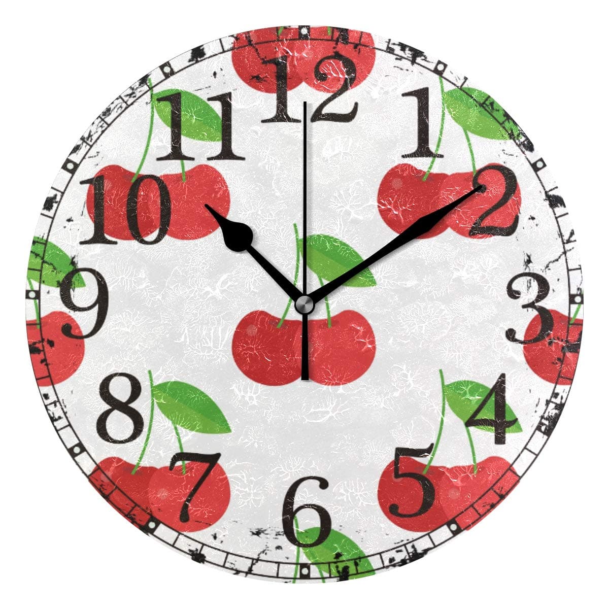 Wall Clock Fruit Red Cherries Pattern Sweet Round Acrylic Clock Black Large Numbers Silent Non-Ticking 9.45" Clock Decorative Retro Battery Operated Clock for Home School Hotel Library