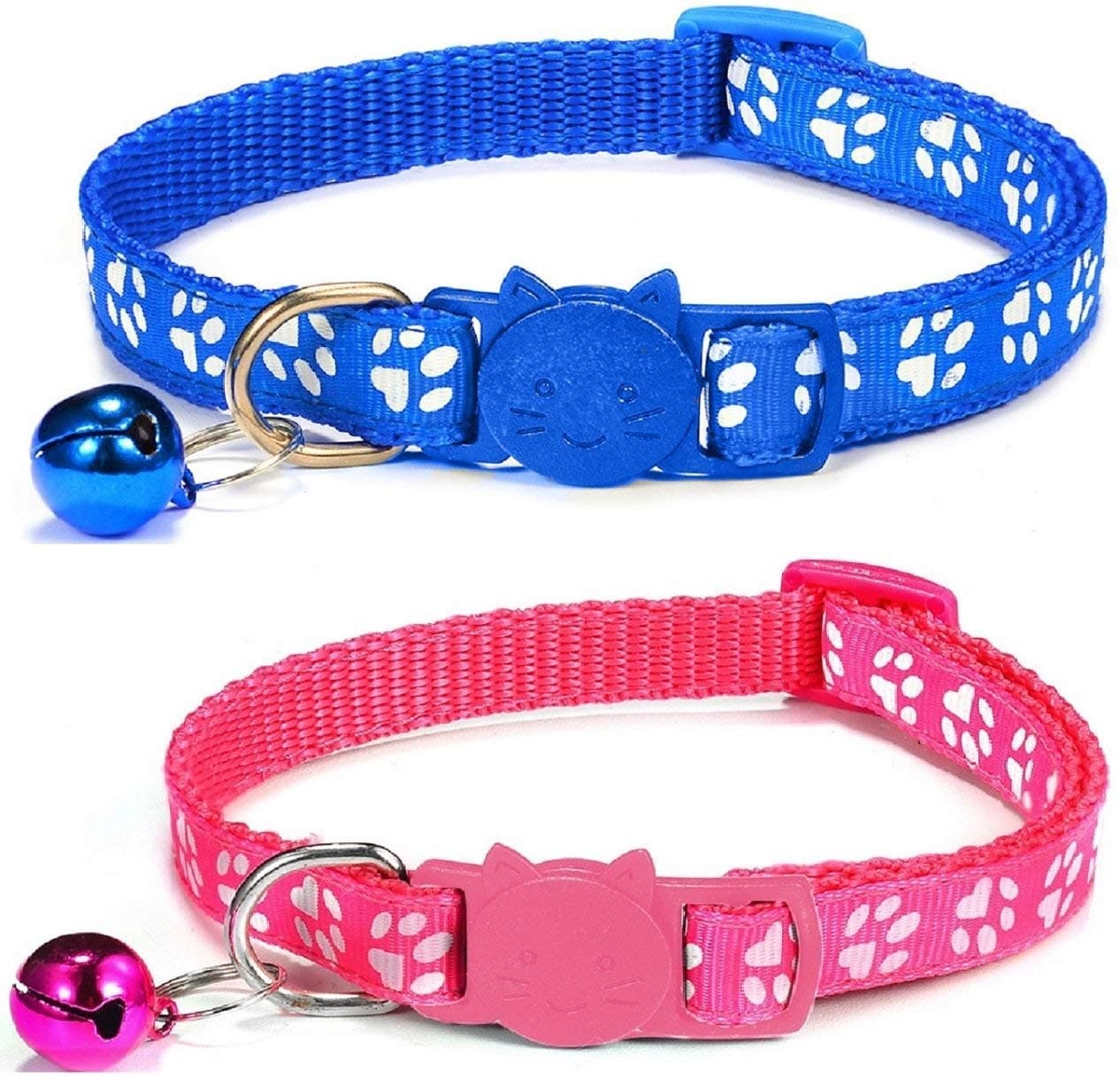 2x Cat Collars with Bell - Safe Quick Release Breakaway Buckle - Adjustable to fit all Domestic Cats | PACK OF 2 (BLUE & ROSE)