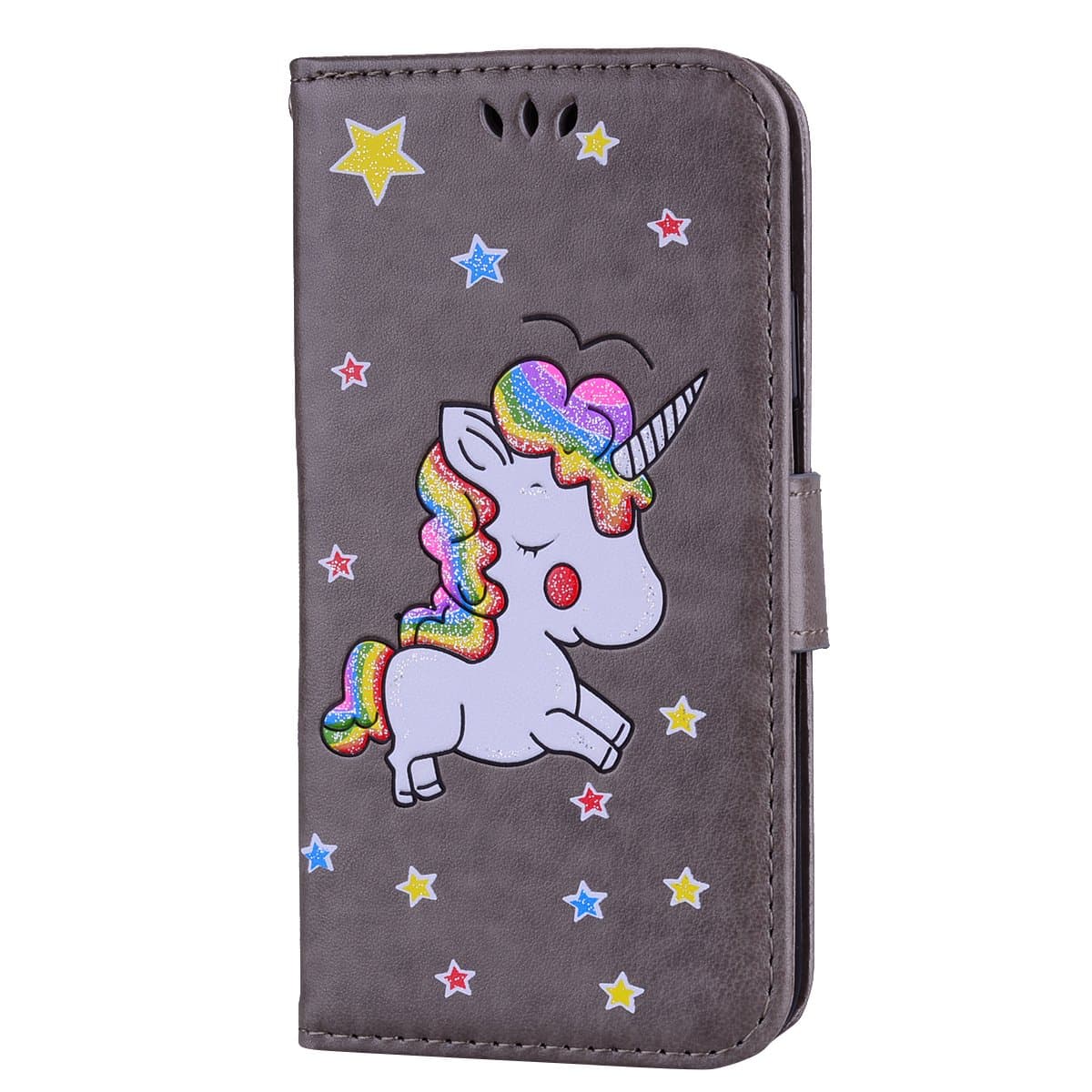 CXTcase iPhone X Case, iPhone 10 Leather Case Flip Wallet Cover with Credit Card Holder Magnetic Closure [Kickstand] Design Protective Phone Cover for Apple iPhone X (10) Unicorn Cartoon Pattern Grey