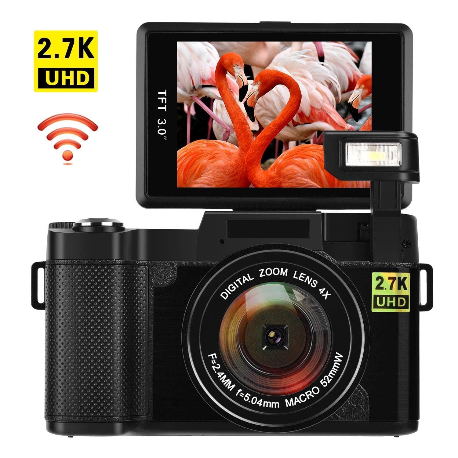 Digital Camera with WiFi 24.0 MP Vlogging Camera 2.7K Ultra HD 3.0 Inch Camera with Flip Screen Retractable Flashlight （Micro sd Card is not Included） (W1)
