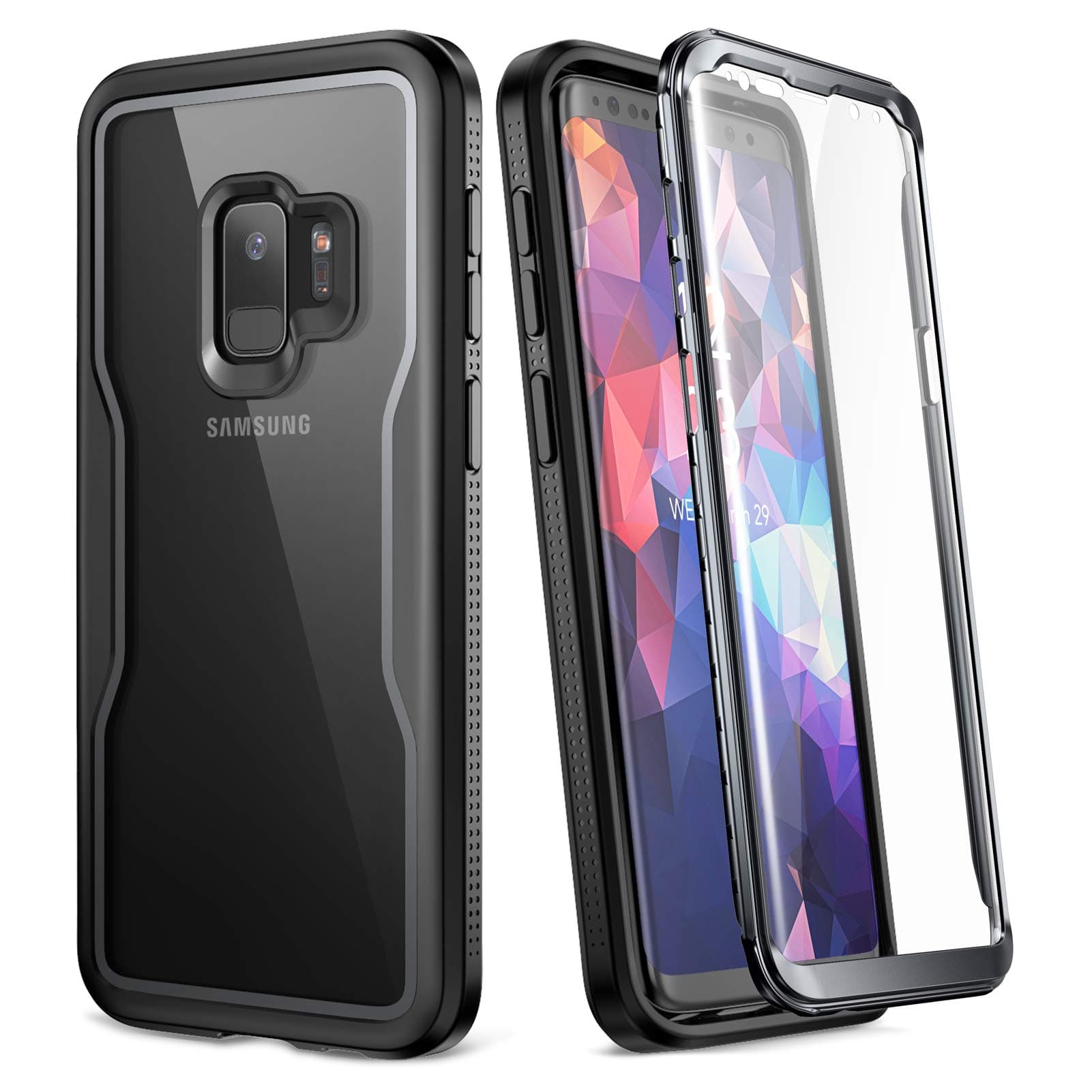 YOUMAKER Galaxy S9 Case, with Built-in Screen Protector and Clear back, Heavy Duty Protection Shockproof Cover for Samsung Galaxy S9 Case 5.8 inch-Clear/Black
