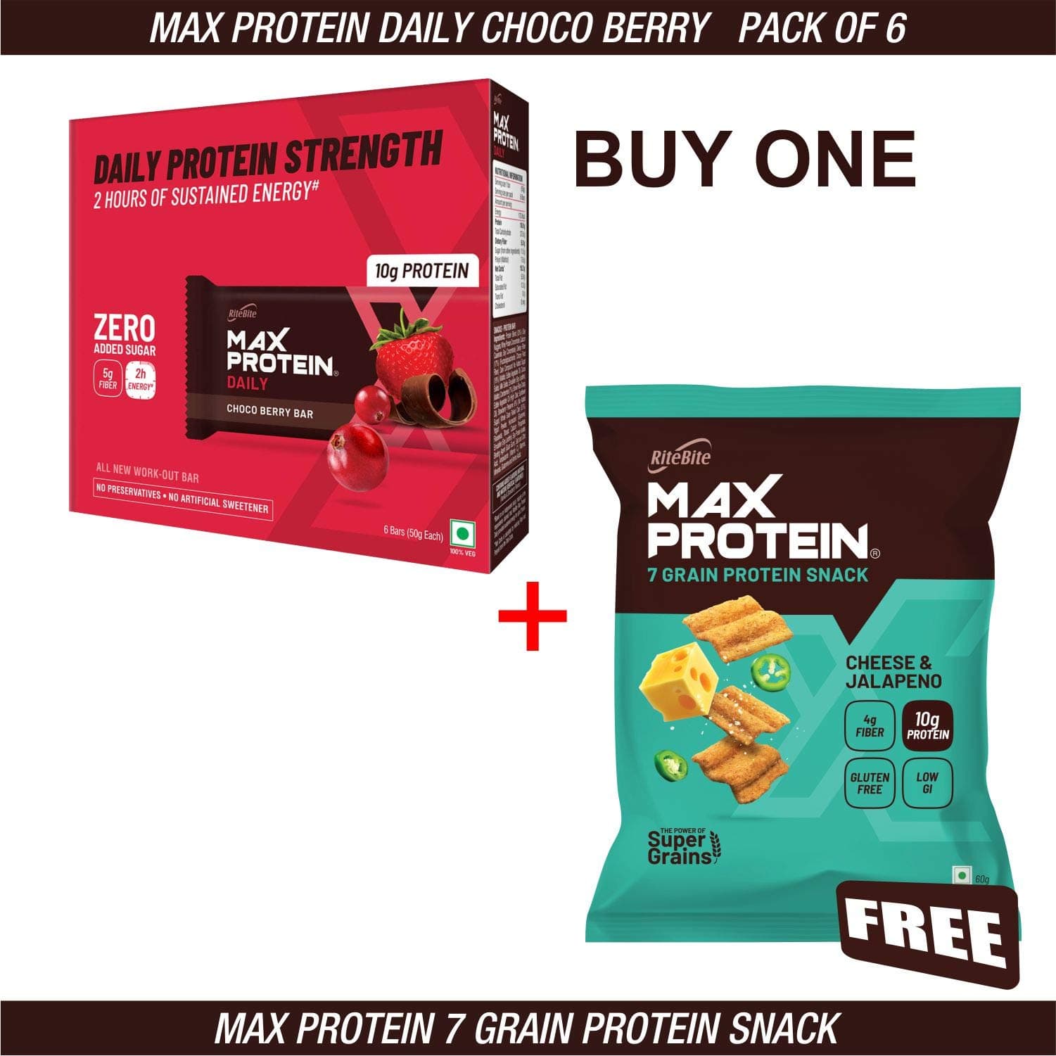 RiteBite Max Protein Daily Choco Berry Bars 300g - Pack of 6 (50g x 6) With Free RiteBite Max Protein Chips - Cheese & Jalapeno 60g