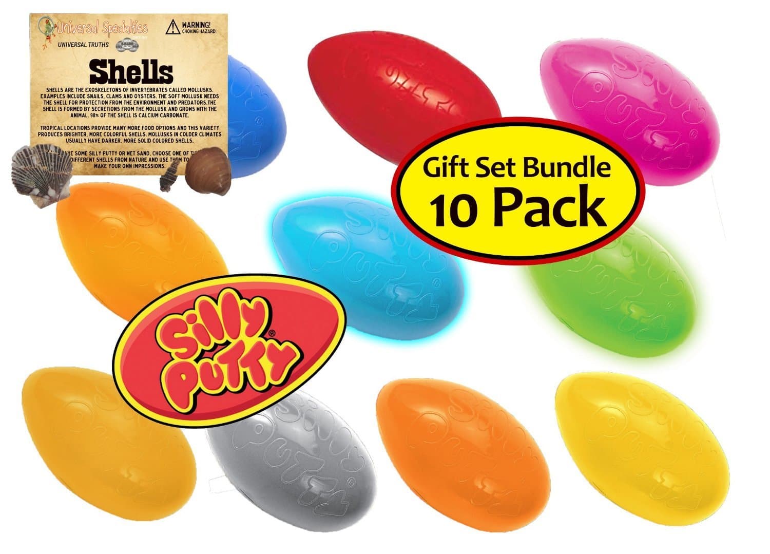 Universal Specialties Silly Putty Gift Set - 10 Pack Bundle Metallic Original Changeable Glow w/ T Samuel Impressions