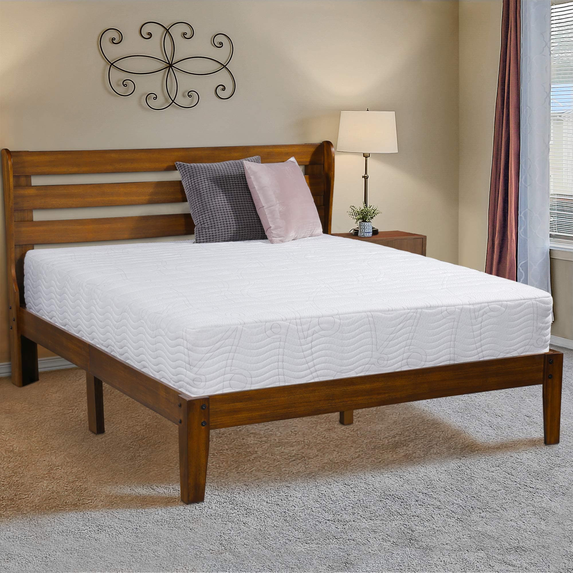Ecos Living 14 Inch High Rustic Solid Wood Platform Bed Frame with Headboard/No Box Spring/No Squeak (Brown, King)