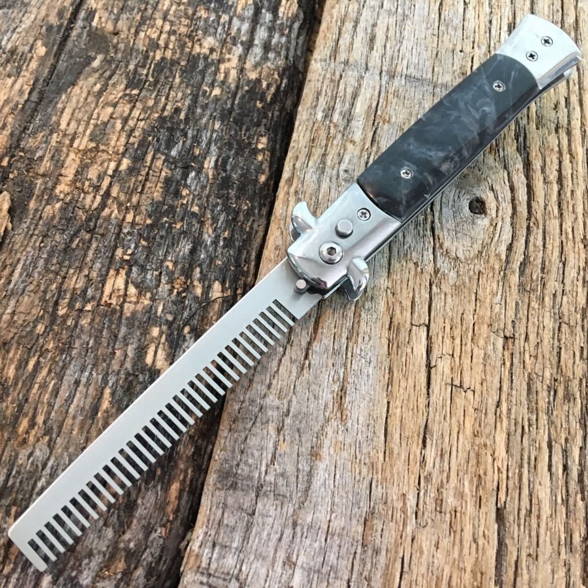 BestSeller989 Automatic Push Button Folding Comb Switchblade Knife Looking Brush Black Pearl