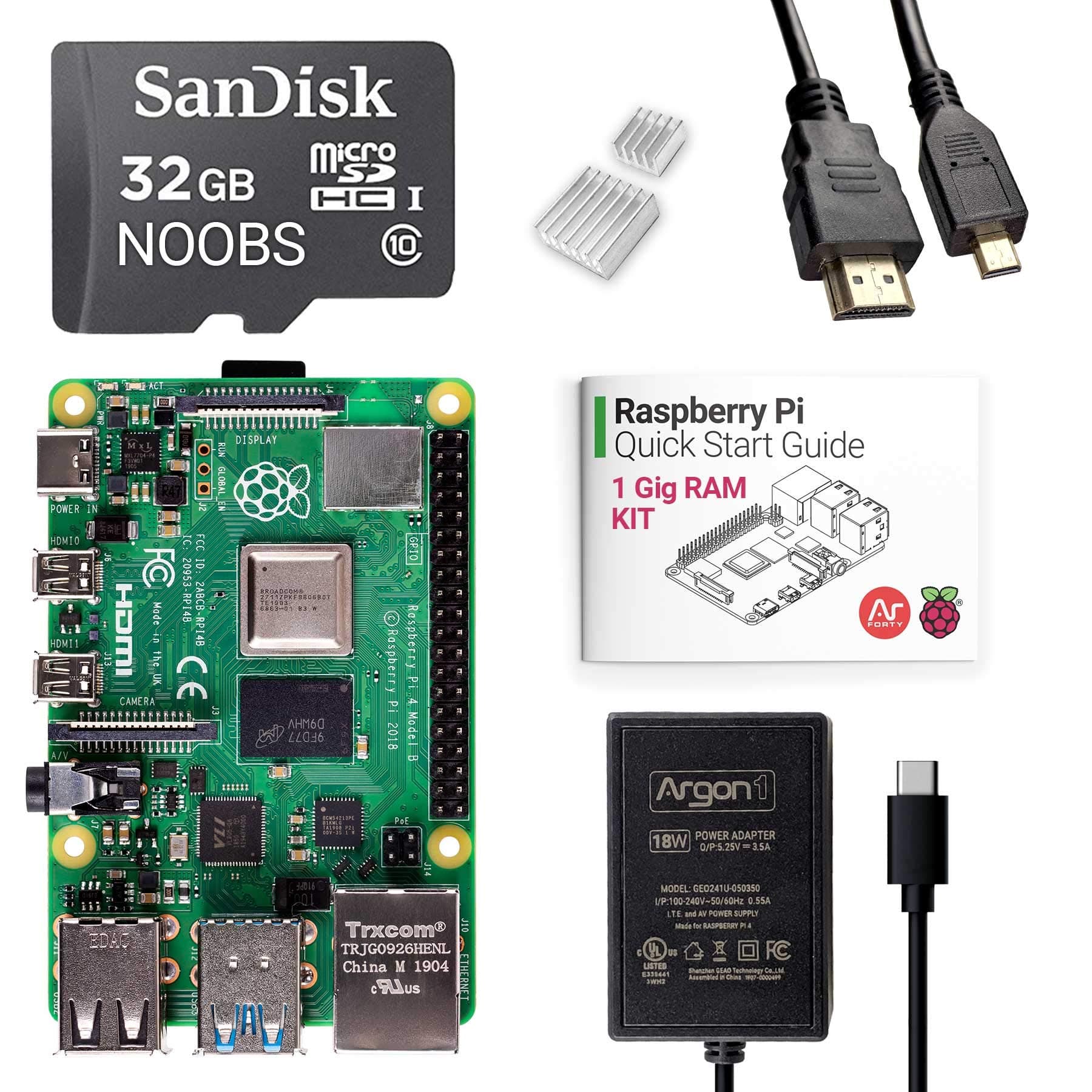 Argon x Raspberry Pi 4 Kit (1 Gig) | Barebones | Pre-Installed with Noobs | Includes Micro HDMI to HDMI Cable, Type-C Power Supply, and Quick Start Guide for Raspberry Pi 4