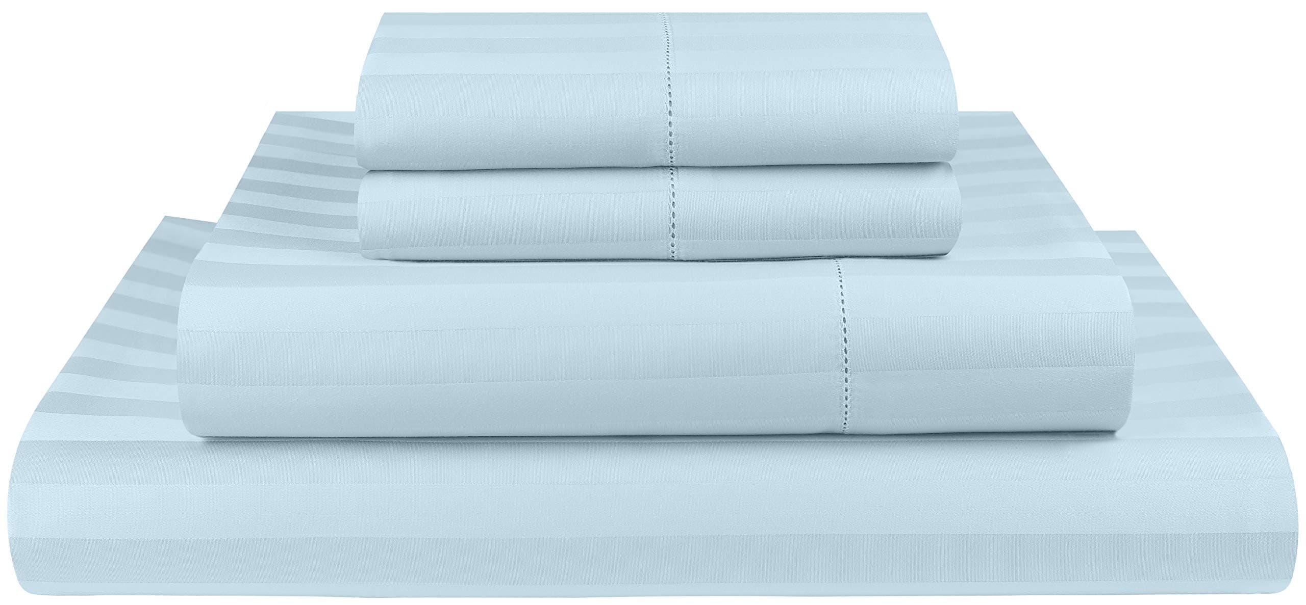 Threadmill 500 Thread Count Queen Size Damask Stripe, 4 Pc Luxury Cotton Bedding Set, Silky Smooth Light Blue Sheets with 16" Elasticized Deep Pocket, 2 Pillowcases & Free Tote BagOEKO-TEX STANDARD 100